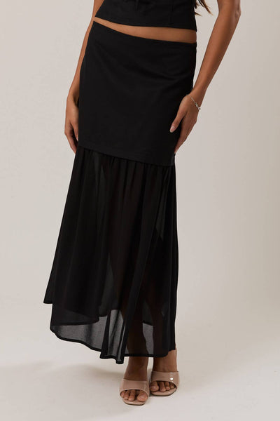 Low Waist Contrast Detail Full Maxi Skirt- Black