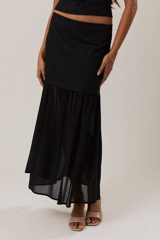 Low Waist Contrast Detail Full Maxi Skirt- Black
