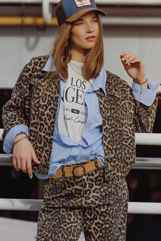 The Q2 Leopard Print Denim Jacket - Brown