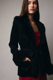 Long Sleeve Faux Fur Detailed Suede Jacket- Black