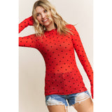 Mesh Heart Flocking High Neck Long sleeved Shirt
