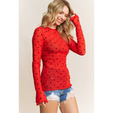 Mesh Heart Flocking High Neck Long sleeved Shirt