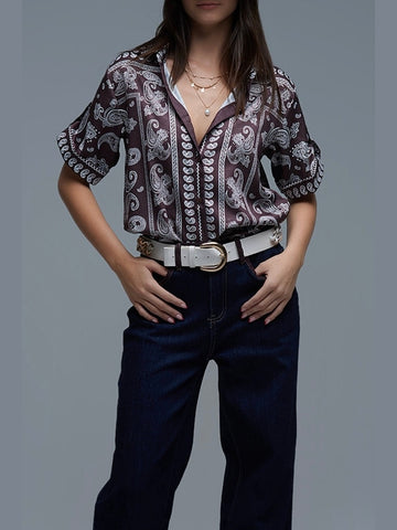 The Q2 Cassidy Short Sleeve Paisley Print Shirt - Brown