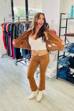 Q2 High Rise Raw Hem Flared Jeans-Brown