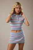 Stacie Short Sleeve Collared Striped Sweater Top - Light Blue/Red