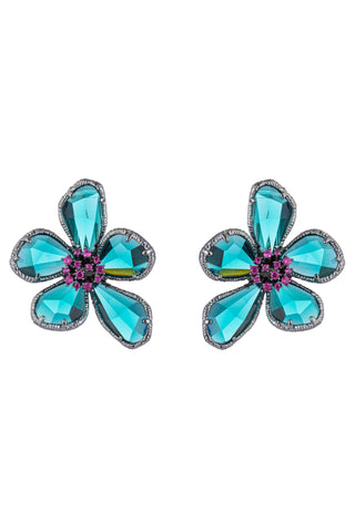 Kolab Crystal Flower Earrings: Teal