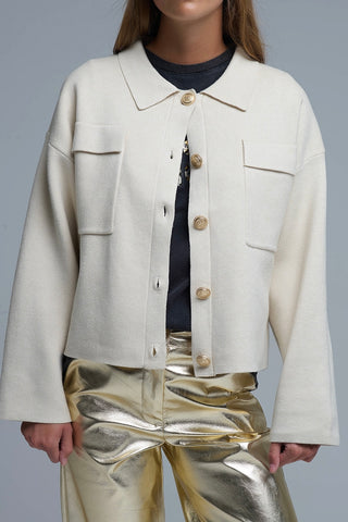 The Q2 Cardigan with Gold Buttons - Beige