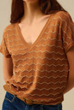 The Q2 Zigzag V-Neck Knit Sweater with Dropped Sleeves- Brown