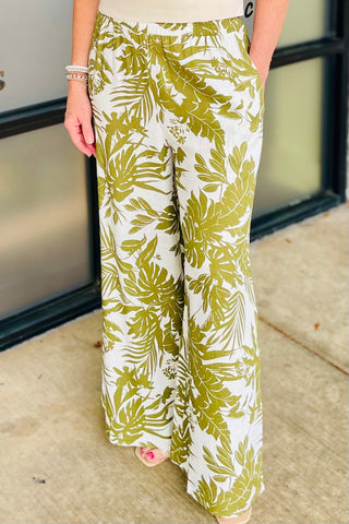 Carrie Leaf Linen Tropical Print Pants with Pockets