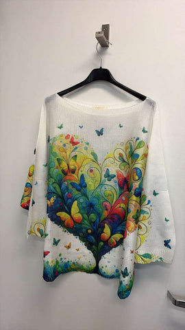 White Heart Butterfly Printed Sweater 3/4 sleeves