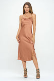 Stretch Silky Satin Bias Slip Dress with Slit - Caramel