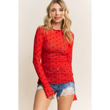 Mesh Heart Flocking High Neck Long sleeved Shirt