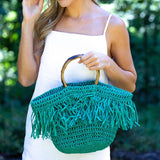 Santorini Bag - Green Raffia Fringe Bag with Wood Handle