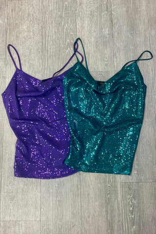 The Vibrant Sequins Cowl Sleeveless Cami Top - Purple or Green or Black