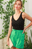 FINAL SALE:  V-Neck Sleeveless Rhinestone Detail Rib Tank Top