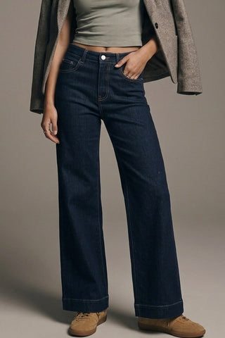 Q2 Wide Leg High Waisted Pants with Contrast Stitching- Blue