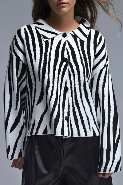 The Q2 Zebra Print Polo Collar Cardigan- Cream