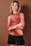 Tie Dye Print Sheer Mesh Mock Neck Top