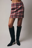 Woolen Plaid Slit Mini Skirt - Cream/Red