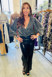 The Q2 Shiny Glitter Bodysuit with Deep V - Silver or Gold