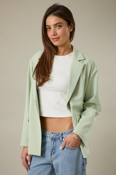 Oversized Spring Blazer with Gingham Lining - Sage