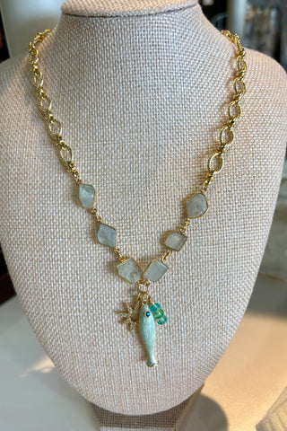 Drift by JenG Necklace: 14kt Gold Fill, Aquamarine, Bezel Chain, 3 Chalcedony Drop