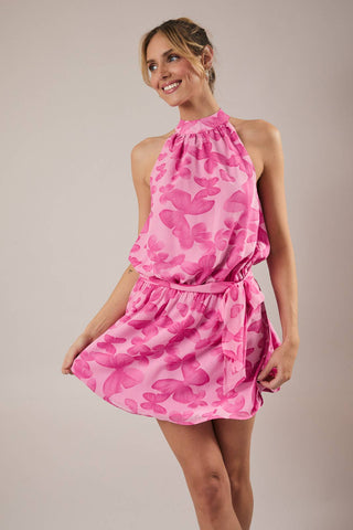 Butterfly Halter Neck Waist Tie Printed Chiffon Dress