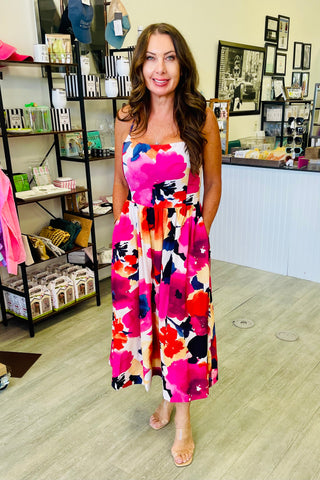 Summer Floral Print Midi Dress with Smock Back