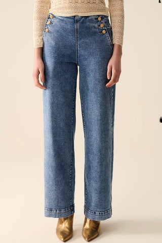 The Q2 Wide Leg Jeans with Gold Button Details - Blue