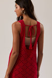 Boat Neck Sleeveless Crochet Dress - Red