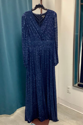 Xscape Sequined Long Sleeved Evening Gown - Navy