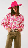 Floral Chiffon Blouse With Volume Sleeves - Pink