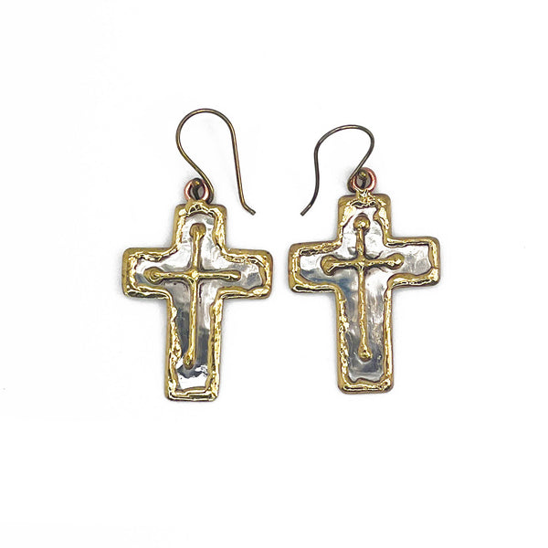 Cross Mixed Metal Earrings - stainless steel and brass