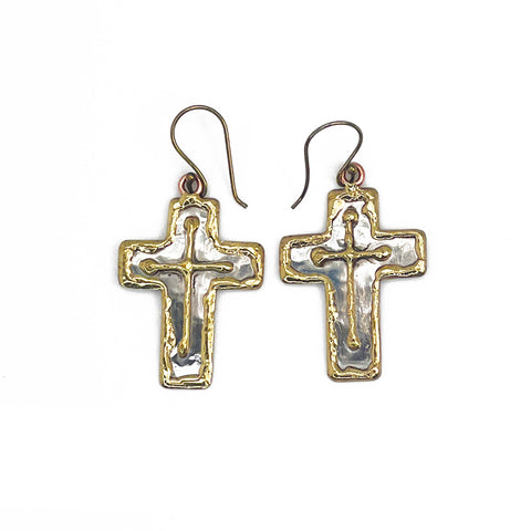 Cross Mixed Metal Earrings - stainless steel and brass