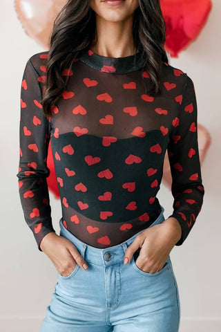 Valentines Heart Sheer Mesh Long Sleeve Top