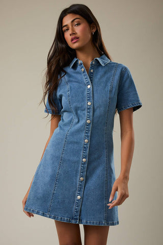 Denim Mini Dress with Short Sleeves- Denim
