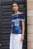 Jenny Off Shoulder Top with Denim Patch Print- Blue