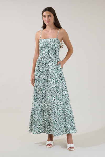 Sima Pleated Maxi Dress Floral- White