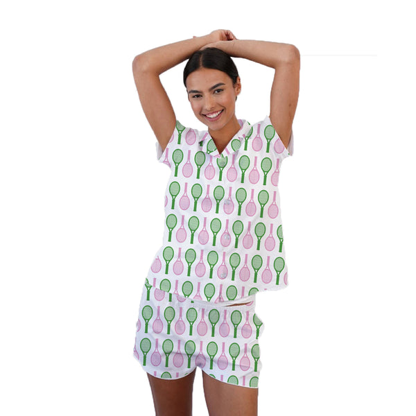 Big Rackets Short Set Pajamas - Pink & Green Tennis