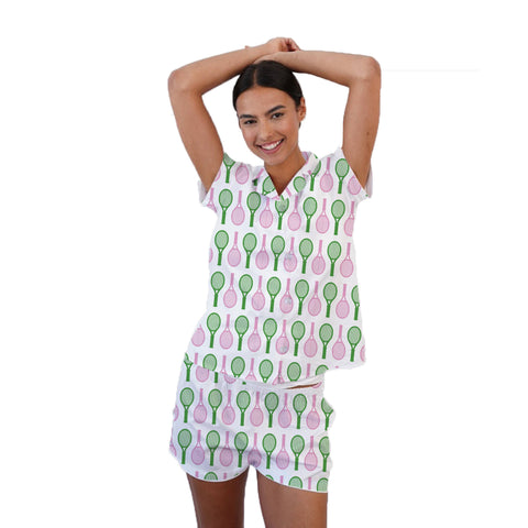 Big Rackets Short Set Pajamas - Pink & Green Tennis