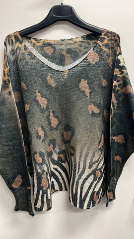 Olive Leopard V- Neck Italian Knit Printed Sweater