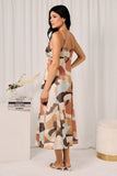 Ruffle Edge Godet Pleat Abstract Print MIDI Dress