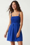 Cord Detail Smocking Mini Dress-Capri Blue