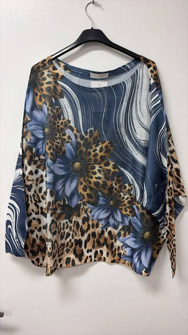 Leopard Daisy Swirl Print Knit Sweater