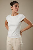 Boat Neck Short Sleeve Back Cowl Neck Knit Top- White