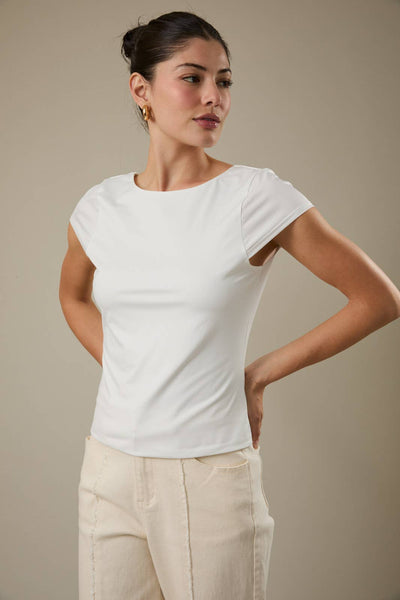 Boat Neck Short Sleeve Back Cowl Neck Knit Top- White