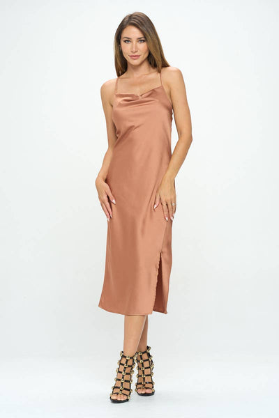 Stretch Silky Satin Bias Slip Dress with Slit - Caramel