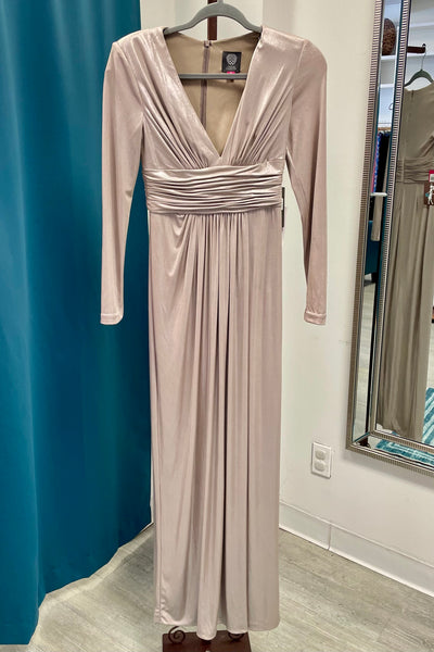 FINAL SALE Vince Camuto Petites Shimmer Long Sleeved Formal Dress - Sand