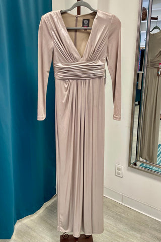Vince Camuto Petites Shimmer Long Sleeved Formal Dress - Sand