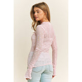 Mesh Heart Flocking High Neck Long sleeved Shirt